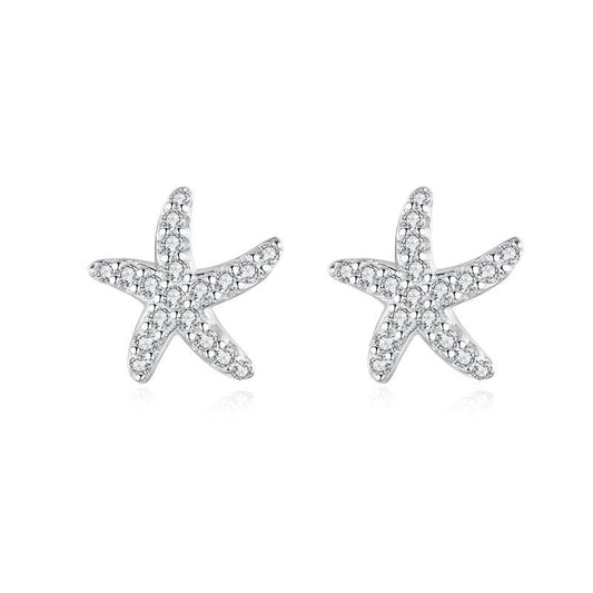 S925 Sterling Silver Starfish Stud Earrings With Diamonds